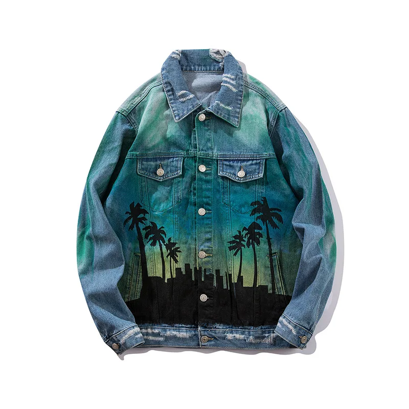 

Spring and Autumn Harajuku New wear abrade Graffiti Denim Jacket Men Coconut Tree Tie dyeing Printed Casual Loose Coats