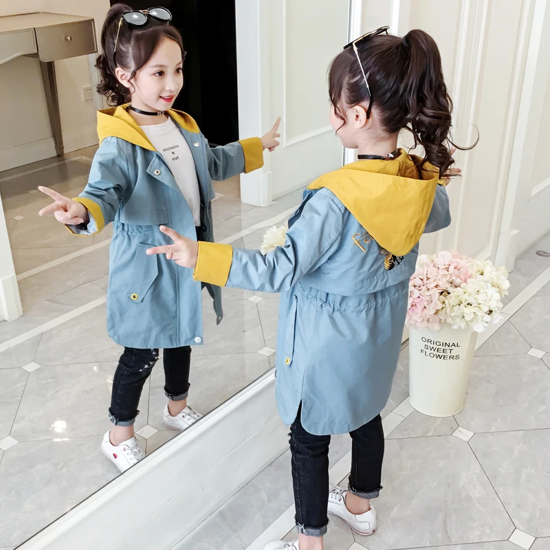 Candy Girls Windbreakers Casual Loose Hooded Kids Long Coats Jackets Cotton Fashion Girls Outwear Vestidos for 6 8 10 12 Years