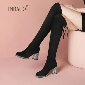 

Fashion Over The Knee Boots New Women Winter Boots Black Crystal Heel 7.5CM Stretch Velvet High Heels Platform Long Boots