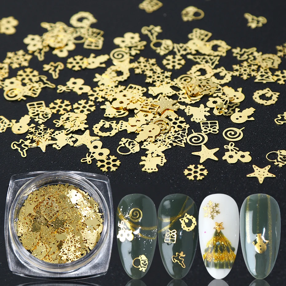 

1 Box Christmas Hollow Sequins For Nails Gold Glitter Snow Flakes Tips Mix Design DIY Nail Art Paillettes Accessories BE1511