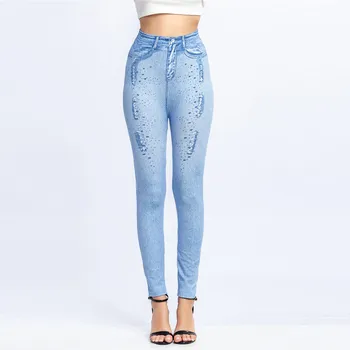 

Women Fashion Leggings Ladies Wet Printed Pencil Pants High Waist Imitation Denim Cowboy Trouser Female Pants Plus Size#p3