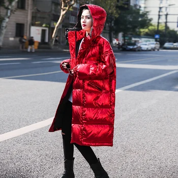 

2019 Fashion Glossy Winter Jacket Plus size Women Long Hooded Thick Warm Down Padded Parka Female Zipper Red Casual Jackets