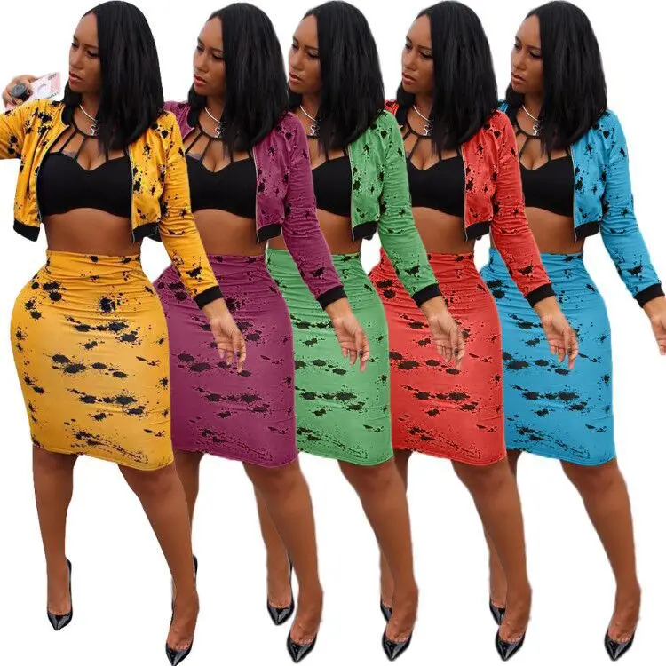 

2019 new autumn women set long sleeve print crop top zipper coat and pencil skirts two piece outfits suit for women