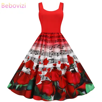 

2020 Red Musical Notation Sexy Sling Women Party Dress Summer Spaghetti Strap Slim Vintage A-line Plus Size Valentine's Vestidos