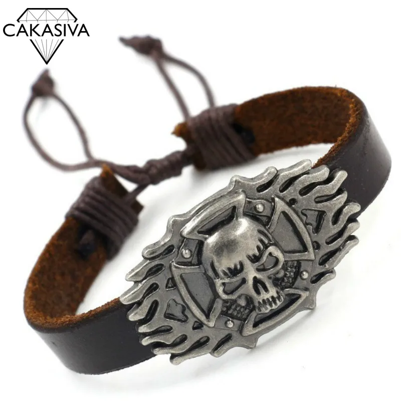 

Men's 925 Silver Vintage Punk Leather Bracelet Vintage Flame Skull Men's Domineering Bracelet Ersonalized Hand Woven Bracelet
