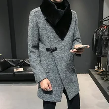 Зимнее Мужское пальто, винтажная ветровка, длинный Тренч, мужской большой меховой воротник, длинные куртки, облегающие черные шерстяные пальто класса люкс