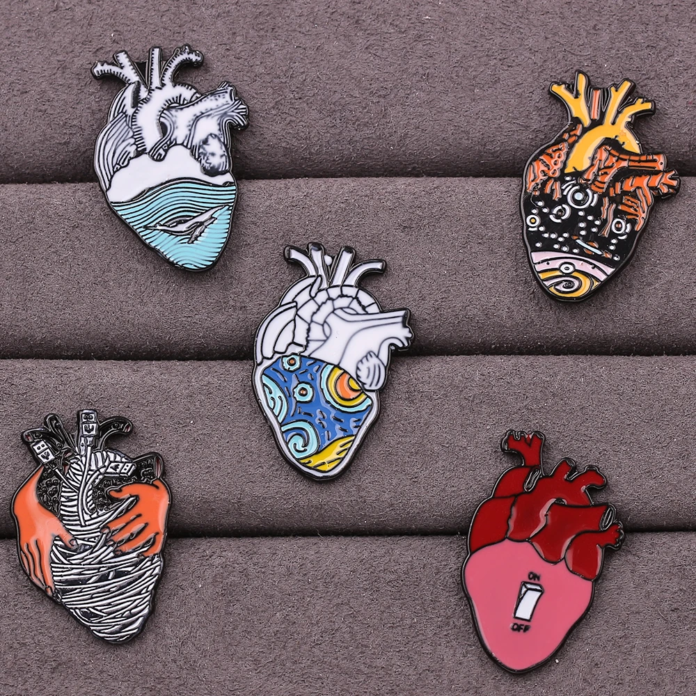 Punk Style Skeleton Love Heart Enamel Pins Self-deprecating Dark Punk Brooches Ocean Wave Whale Human Heart Lapel Pins Badges