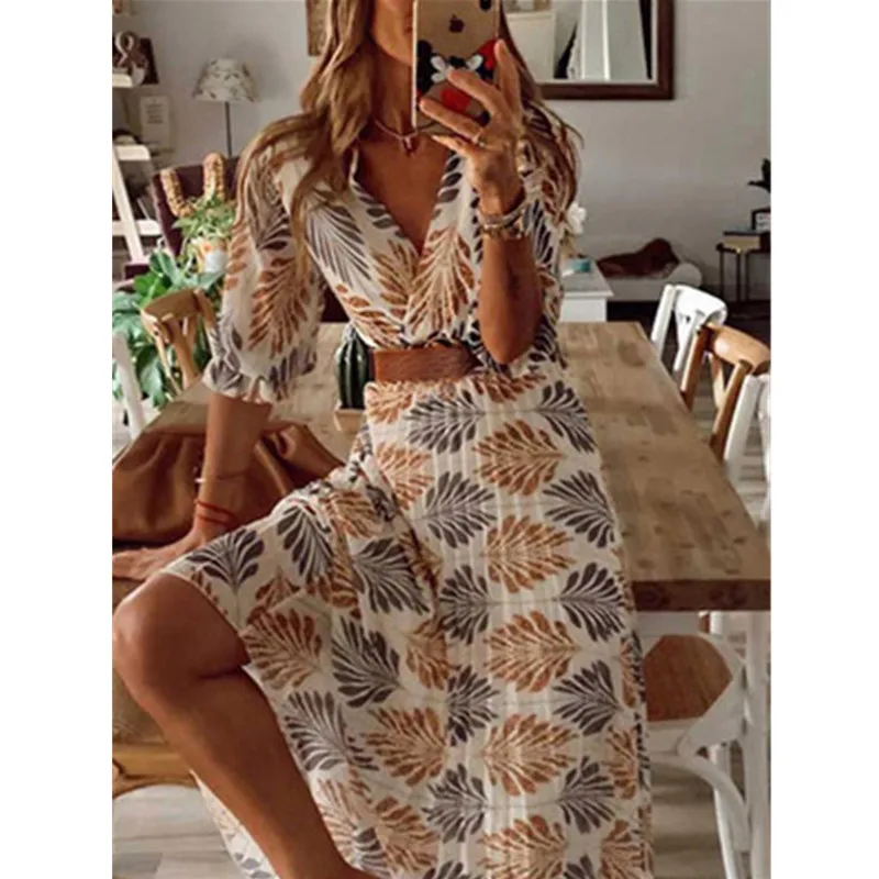 Dress Women Summer Spring New V-neck Printed Folded Holiday Long Swing Dress Women's Casual Beach Sexy Loose Ladies Dress Dress Women Summer Spring New V-neck Printed Folded Holiday Long Swing Dress Women's Casual Beach Sexy Loose Ladies Dress