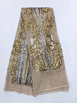 

NEW High Quality 2019 Tulle sequins Beaded French Nigerian Lace Fabrics Pearls Embroidered Guipure African 3d Lace Fabric gold