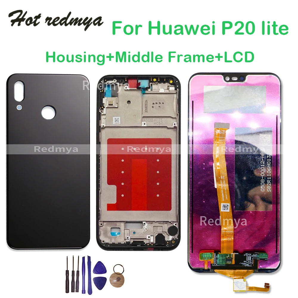 

LCD With Frame For Huawei P20 Lite/ Nova 3E LCD Display Touch Screen Digitizer Assembly P20 Lite Back Housing Battery Cover+Tool