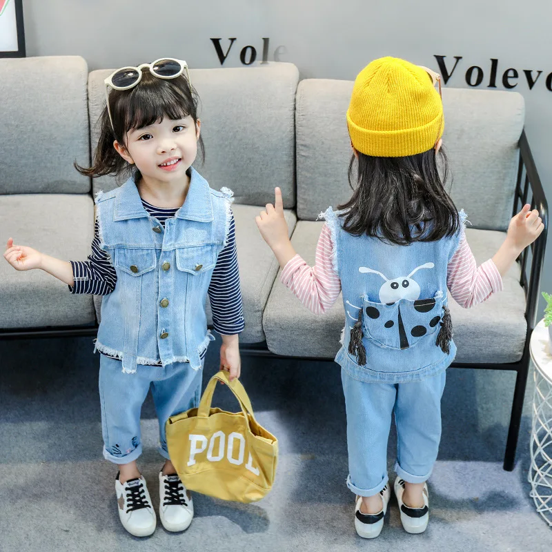 

2020 Spring New Style Girls Spring Three-piece Set 0-5-Year-Old Baby Girls Cowboy Vest Suit Children Set