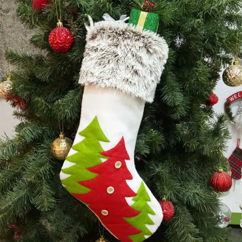 Christmas Trees Pattern Stockings for Christmas Decoration Fluff Cuff Xmas Tree Hanging Ornament Gifts Holders Bag for New Year