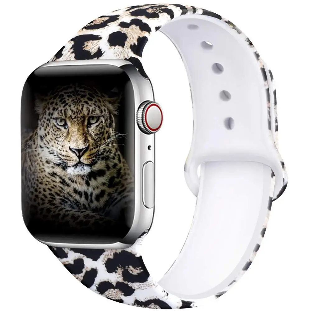 Leopard Ленты с цветами для Apple Watch 38 мм 40 мм 42 мм 44 мм, леопардовые силиконовые Печатные Сменные браслеты для iWatch серии 5 4 3 2 - Цвет ремешка: Leopard