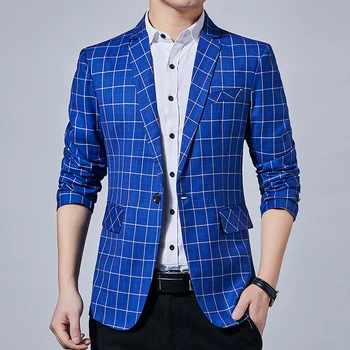 

Blue mens plaid suit Blazer large size 5xl men suit jacket fashion casual jackets and coats autumn new man top