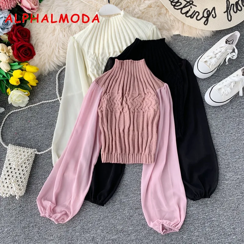 

ALPHALMODA Fall and Winter Fashion Twisted Sweater Lantern Long Sleeve Chiffon Patchwork Pullovers Women Casual Knitted Jumper