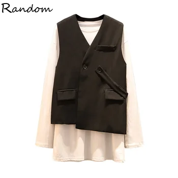 

Plus Size Women Autumn Blazer Smart Suit Female White Long Sleeve T Shirt Top And Black Vest Top Two Piece Set Office Outfits