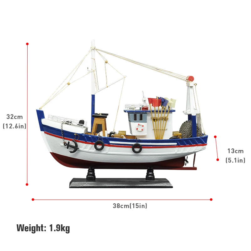LUCKK New 38CM White Fishing Boat Ship Model 3D Wooden Assembly Sailboat Toys Home Decoration Accessories Modern Sailing Boats