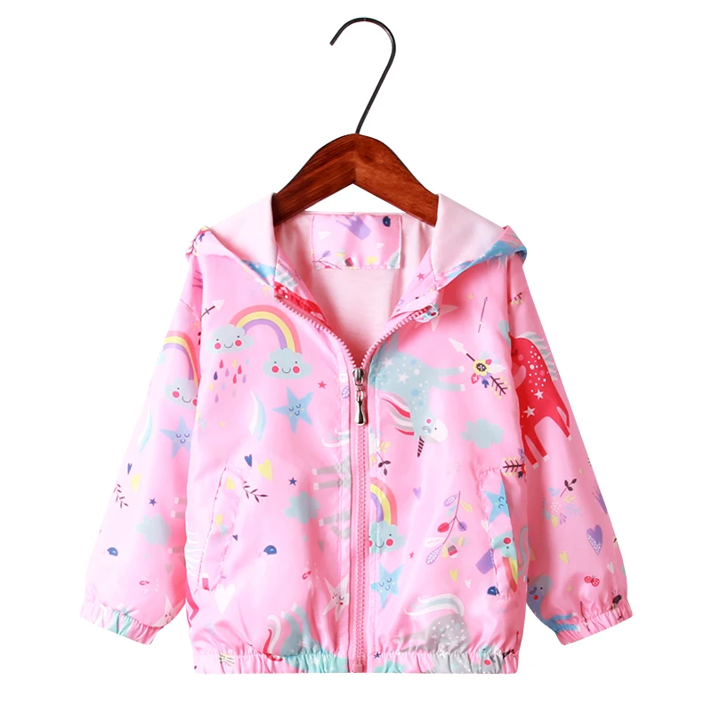 Весенне-летние детские ветровки для девочек, куртки с единорогом куртки синего цвета с капюшоном и рисунком для девочек, детская верхняя одежда для детей от 2 до 8 лет - Цвет: Розовый