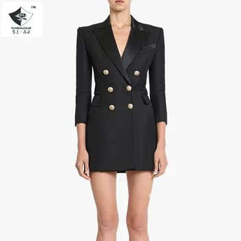 

Spot EUR&USA Foreign Trade Women's 2020 Workplace Style Seven-Quarter Sleeve Classic Metal Double-breasted Suit Skirt dresses