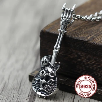 

Authentic S925 sterling silver pendants Classic retro men's personality pendant Skull guitar manual carved version Send lover's