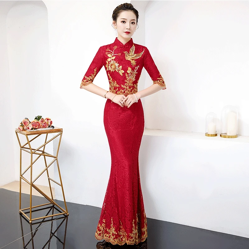 Красный невесты кружева Cheongsam женское свадебное платье элегантный в китайском
