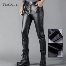 

Samlona Plus Size Mens Pu Leather Pants Male Fashion Zipper Pocket Pants Mens Streetwear 2021 New Sexy Faux Leather Trouser