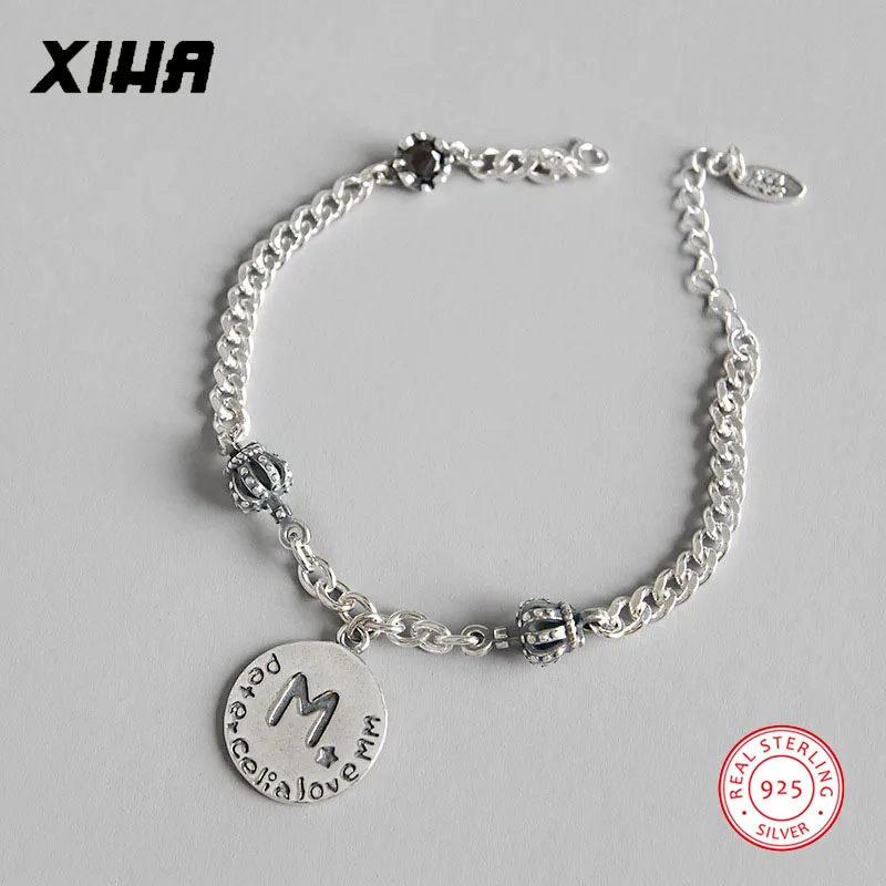 925 пробы серебряный черный Королевский браслет с короной для женщин цепочка с регулируемым диском винтажный м очаровательный браслет с буквой