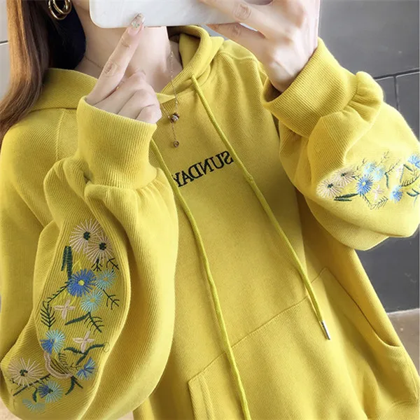 RUGOD новая Kpop одежда корейская вышивка Hoddie карамельный цвет толстовки для женщин досуг уличная одежда с карманом размера плюс для женщин - Цвет: Цвет: желтый