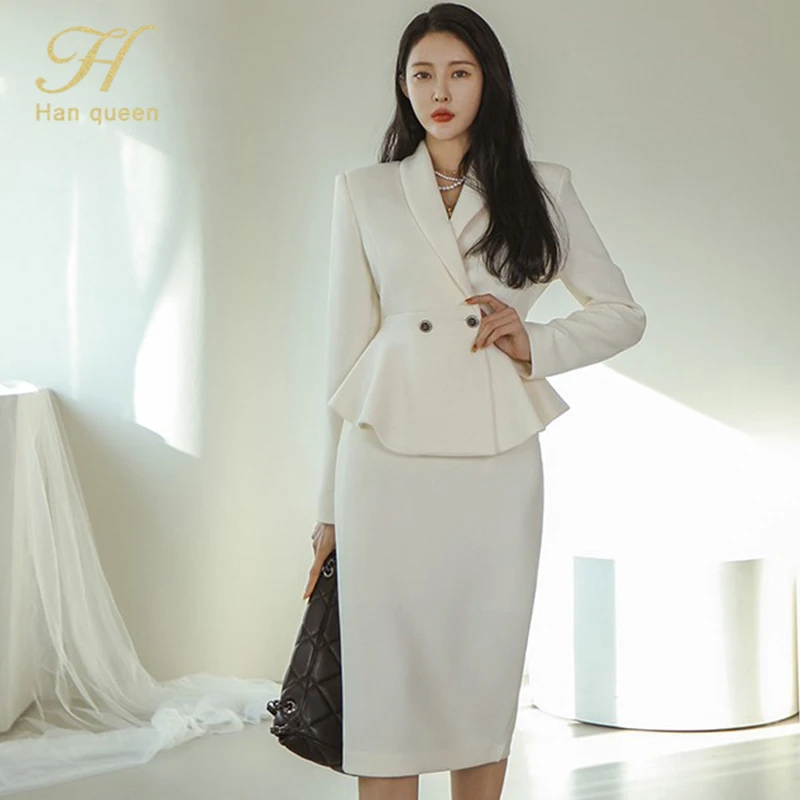 H Han Queen New Profession Set Women Coat Crop Top And High Waist Bodycon Pencil Skirts Korean Slim Chic Office Lady Skirt Suits Dress Suits