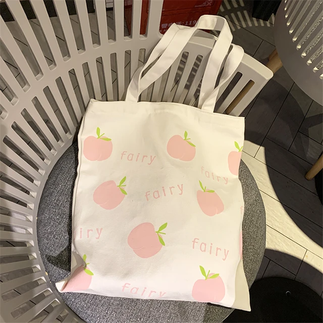 2020 Women Peach Print Reusable Canvas Tote Bag Shopping Bag Shoulder bag Grocery Bag