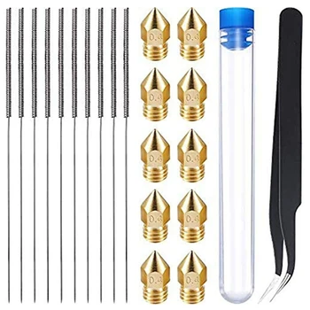 

3D Printer Accessories 10 0.4mm MK8 Brass Nozzles 10 0.4mm Cleaning Needles + 1 Tweezers + 1 Cleaning Needle Box