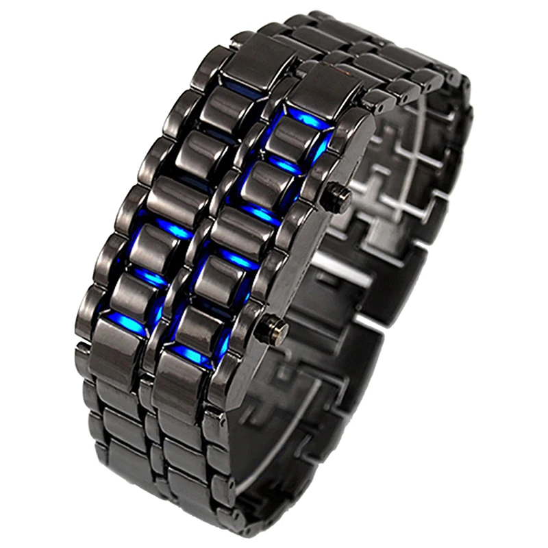 Fashion Black Full Metal Digital Lava Wrist Watch Iron Metal Red LED  For Men Boy Sport Simple Wathes