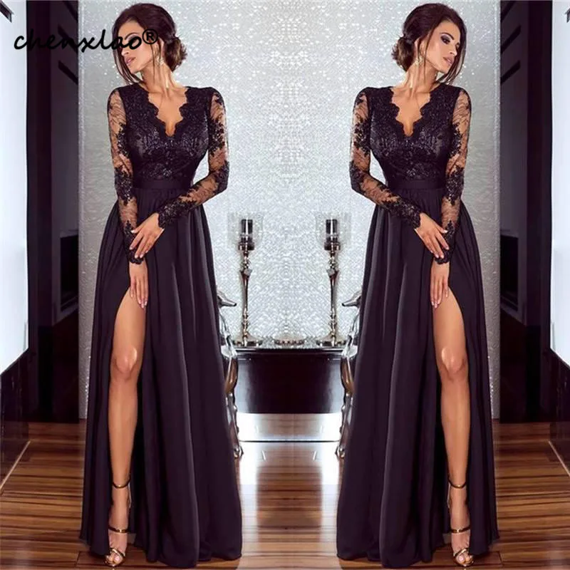 

Elegant Evening Dresses 2019 A-line V-neck Long Sleeves Lace Slit Islamic Dubai Saudi Arabic Long Evening Gown Prom Dress