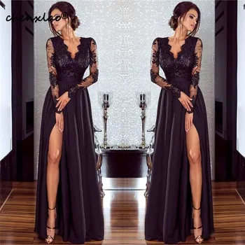 

Elegant Evening Dresses A-line V-neck Long Sleeves Lace Slit Islamic Dubai Saudi Arabic Long Evening Gown Prom Dress