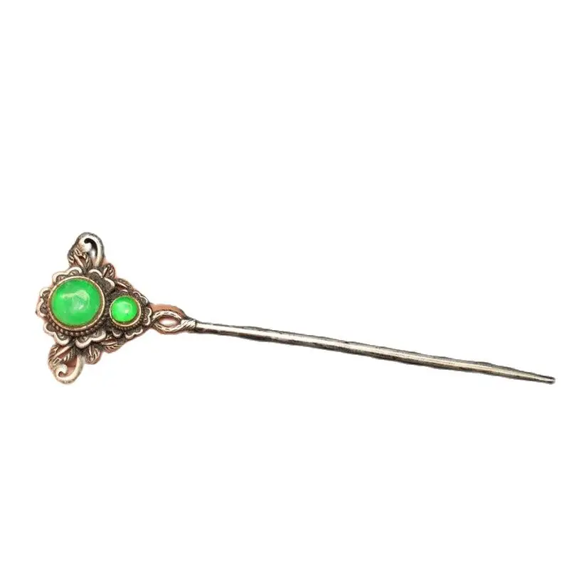 

China Old Tibetan Silver Emerald Jade Hairpin