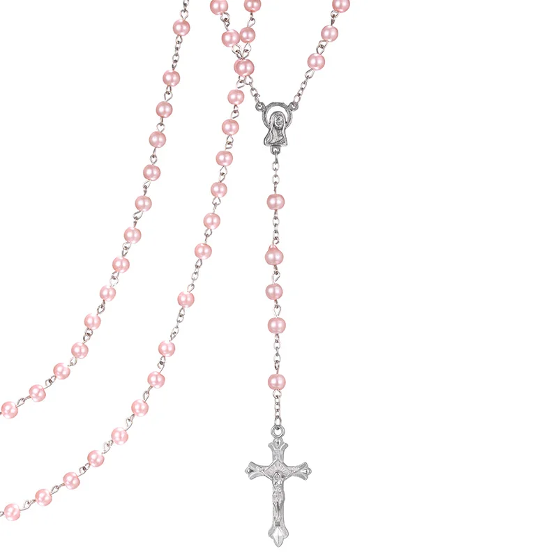 J020027-3-PINK Иисус Христос Подвески Серебряный крест длинные Четки Молитва Роза бусы ожерелье для женщин мужчин Сила любовь Бог цепь ювелирные изделия - Окраска металла: J020027-3-PINK