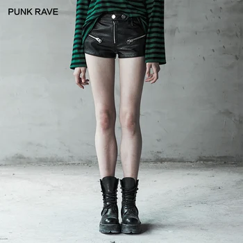 

PUNK RAVE Women's Punk Locomotive Handsome PU Leather Shorts Slim Fit Metal Decoration Wild Personality Black Youth Girls Shorts