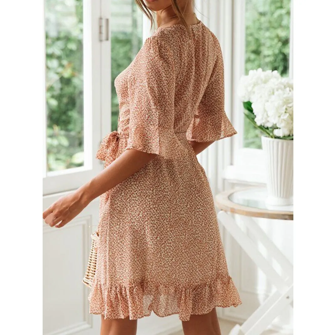 Mode Mooie Casual Bloemenprint Zomer Jurk Boho Vrouwen Ruches V-hals Mini Jurk Korte Mouwen Strand Jurk Mode Mooie Casual Bloemenprint Zomer Jurk Boho Vrouwen Ruches V-hals Mini Jurk Korte Mouwen Strand Jurk