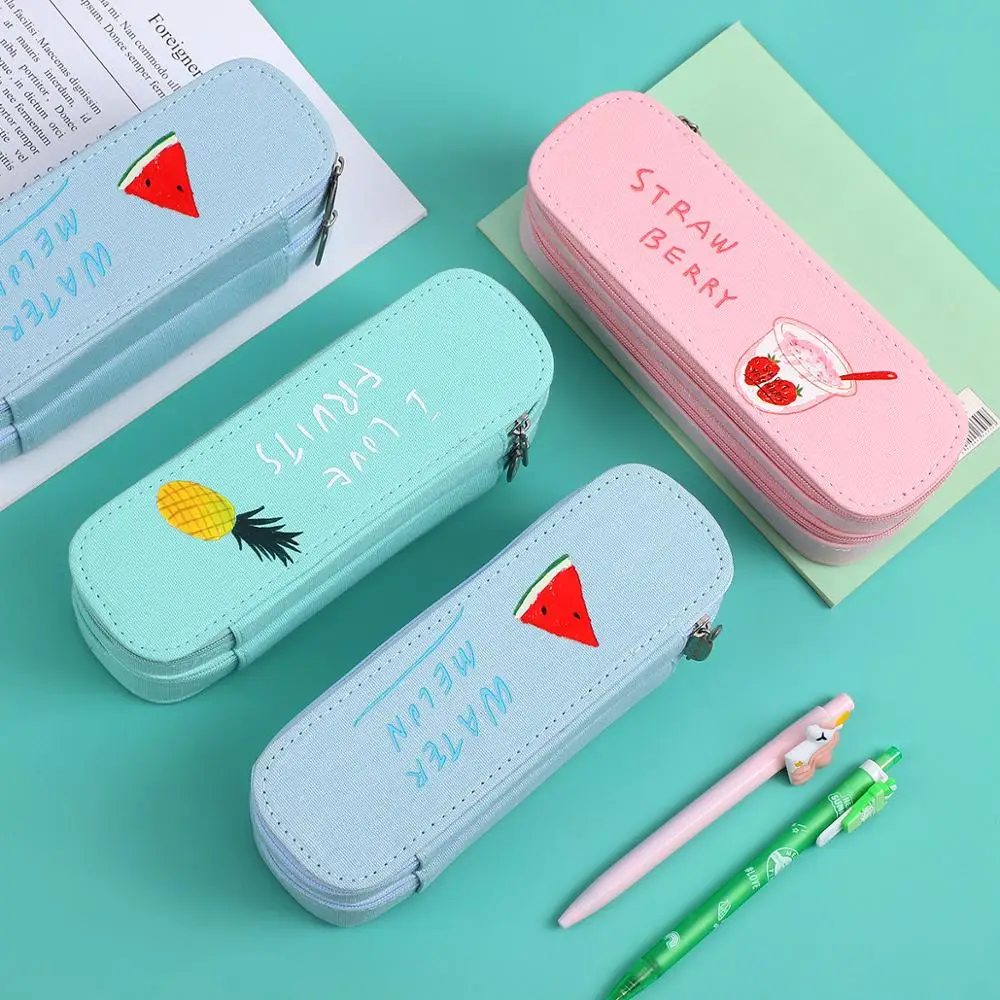 

1pc Large capacity student double-layer pencil case cute zipper canvas stereo pen box kawaii stationery supplies