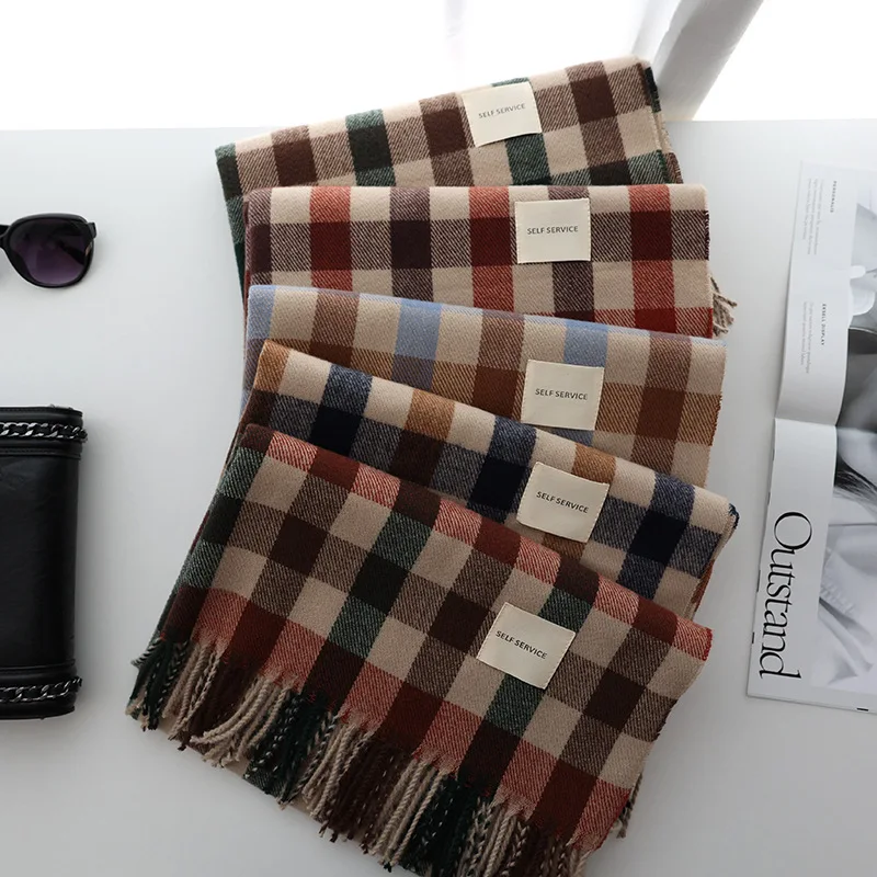 

Plaid Scarf for Women Winter Tassel Cashmere Grid Long Shawl Warm Thickened Casual Neck Wraps Banket