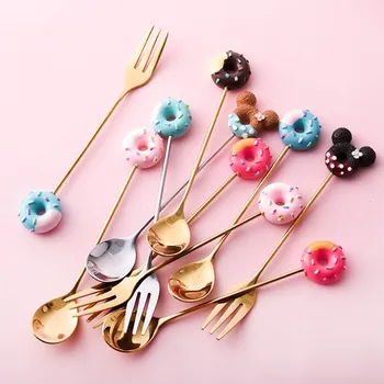 

1PC Stainless Steel Mickey Doughnut Spoon Fork Cake Coffee Dessert Tea Ice Cream Stirring spoons Candy Cute Cartoon Teaspoon