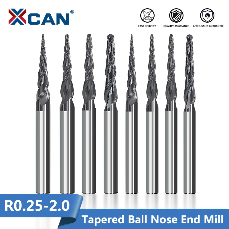 XCAN Solid Carbide Ball Nose Tapered End Mills 2 Flute Engraving Router Bits HRC55 CNC Engraving Bit Wood Milling Cutter