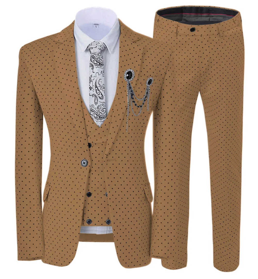 Мужские костюмы с волнистыми точками из трех частей, мужские вечерние костюмы, повседневные деловые костюмы для путешествий на свадьбу(Блейзер+ жилет+ брюки - Цвет: Brown