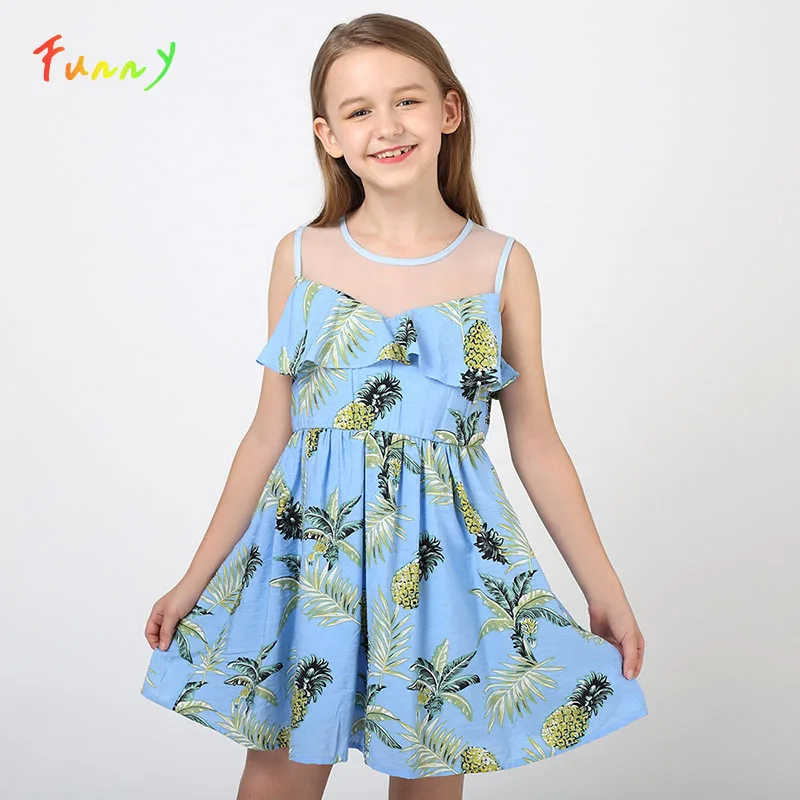 

Young Girl Party Dress 12 Years Blue Mesh Insert Ruffle Girls Dresses Summer 2019 Floral Print Sleeveless Casual Dress Kids