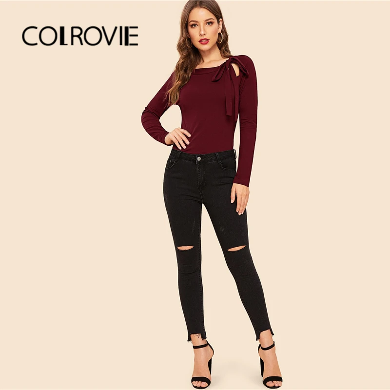 COLROVIE, Бордовый топ с завязками на шее, рукав реглан, для женщин ...