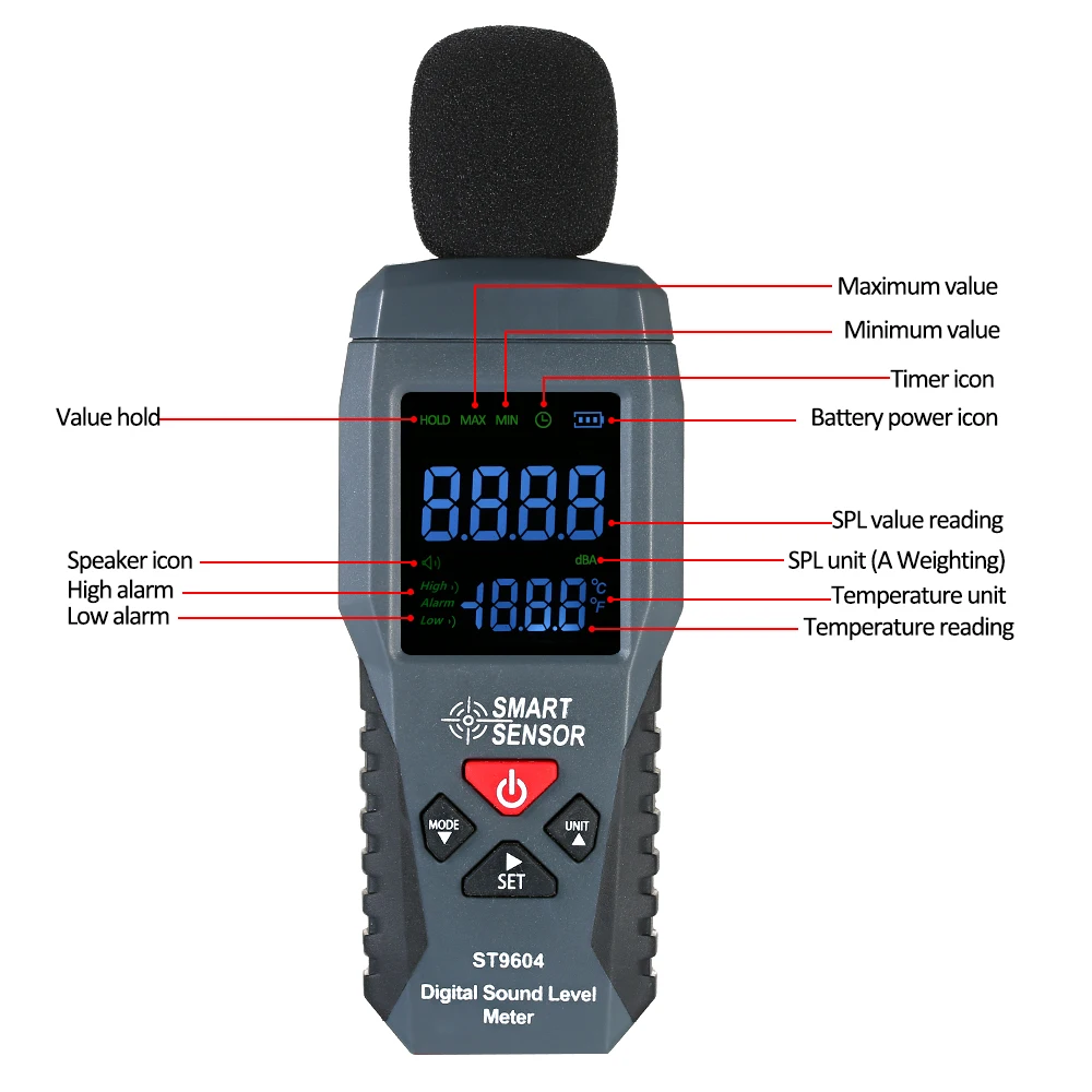 Умный датчик ST9604 Мини цифровой измеритель уровня звука 30-130dBA ЖК-измеритель уровня шума децибел Тестер измерительный прибор шума