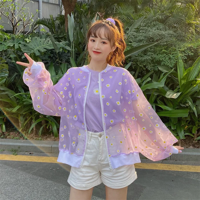 2020 New Korean Style Loose Flower Printed Thin Jacket Sunscreen Women Long Sleeve Casual Sunscreen Jacket Veste Femme