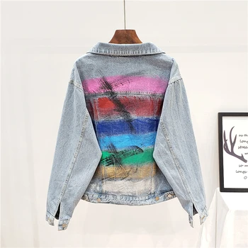 

New 2020 Spring Washed Vintage Plus size On the back Graffiti Print Denim jacket Women Korean Loose Blue Streetwear Denim jacket