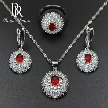 

Bague Ringen 925 Sterling Silver Sets Women's Wear Jewelry Gemstones Ring Earrings Necklace Ruby Amethyst Emerald Wavy Flower