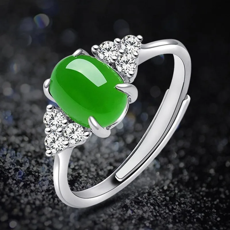

Natural Green Hetian Jasper Hand Carved Ring Fashion Jewelry Women's 925 Silver Inlaid Ring Gift Accessories